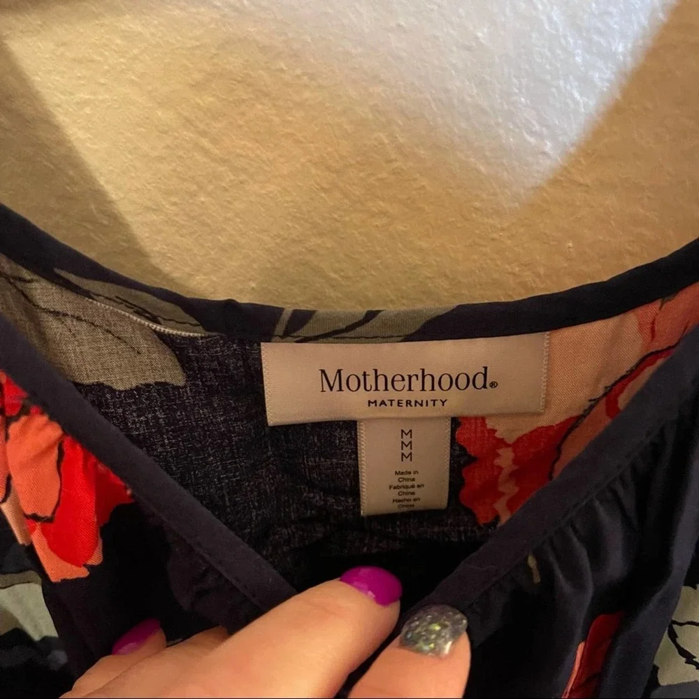 Motherhood Maternity Navy & Pink Floral Printed Babydoll Tie Waist Top Medium - Picture 7 of 9